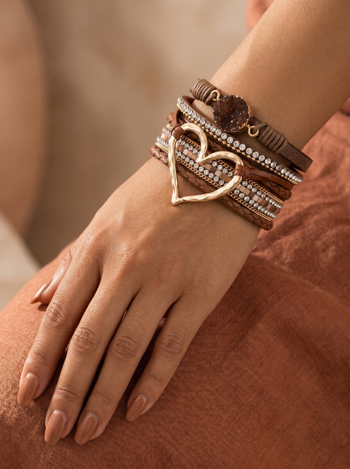 Romantic Boho Heart Wrap Bracelet – Coffee Brown Multi-Strand Leather w/ Stone
