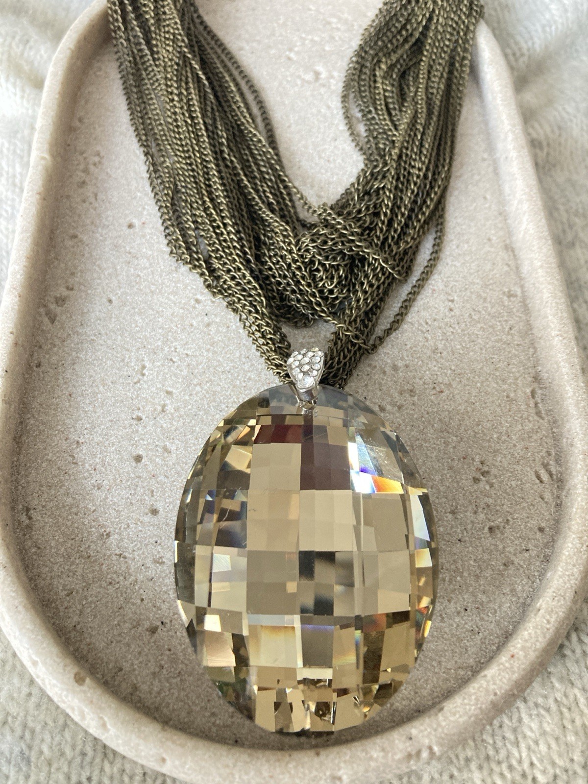 Bronze Tone Multi Strand Chain Necklace Large Champagne Faux Gem Pendant Bold