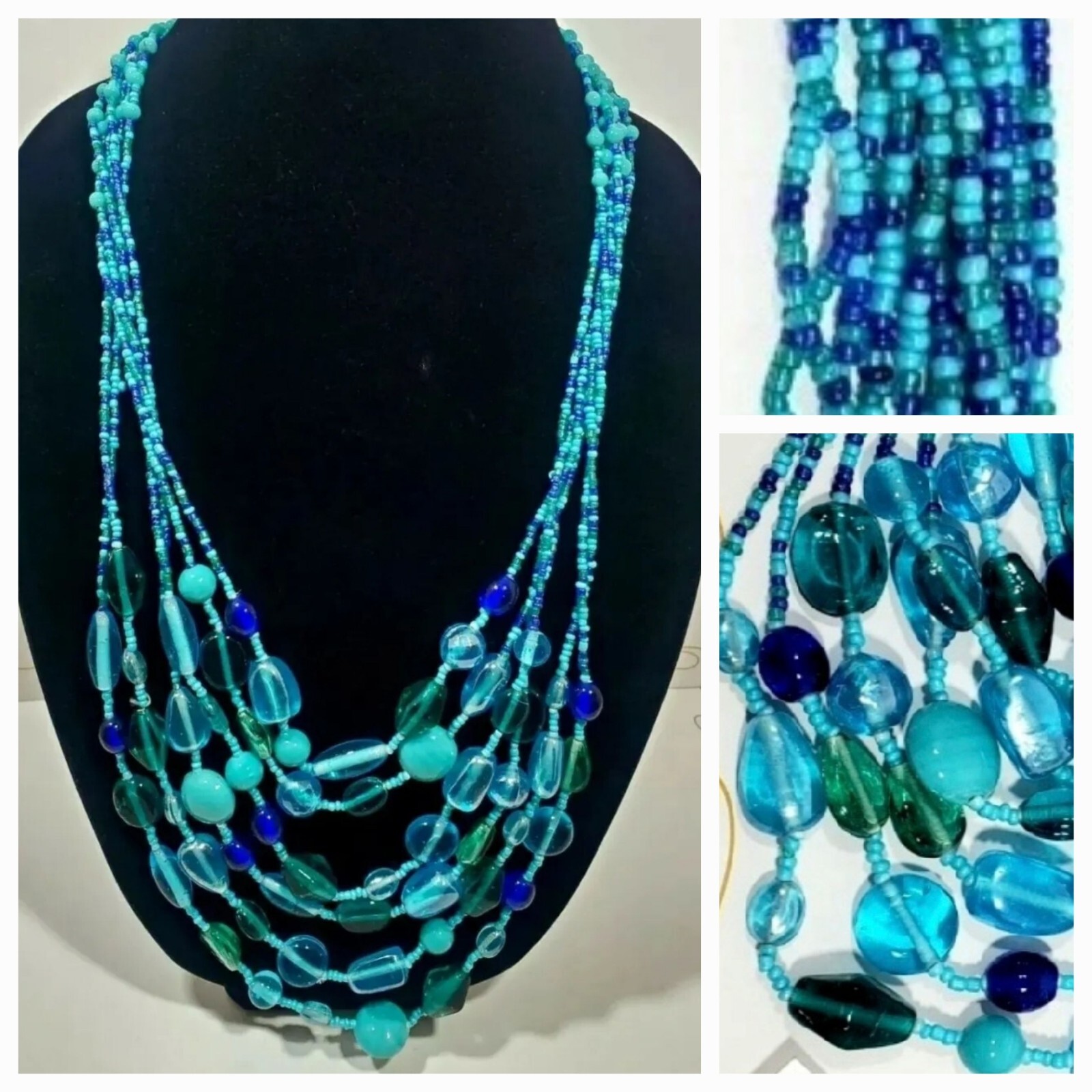 NOS VTG STYLE & CO 48″ Glass Bead Multi-Strand Statement NECKLACE Shades Blue