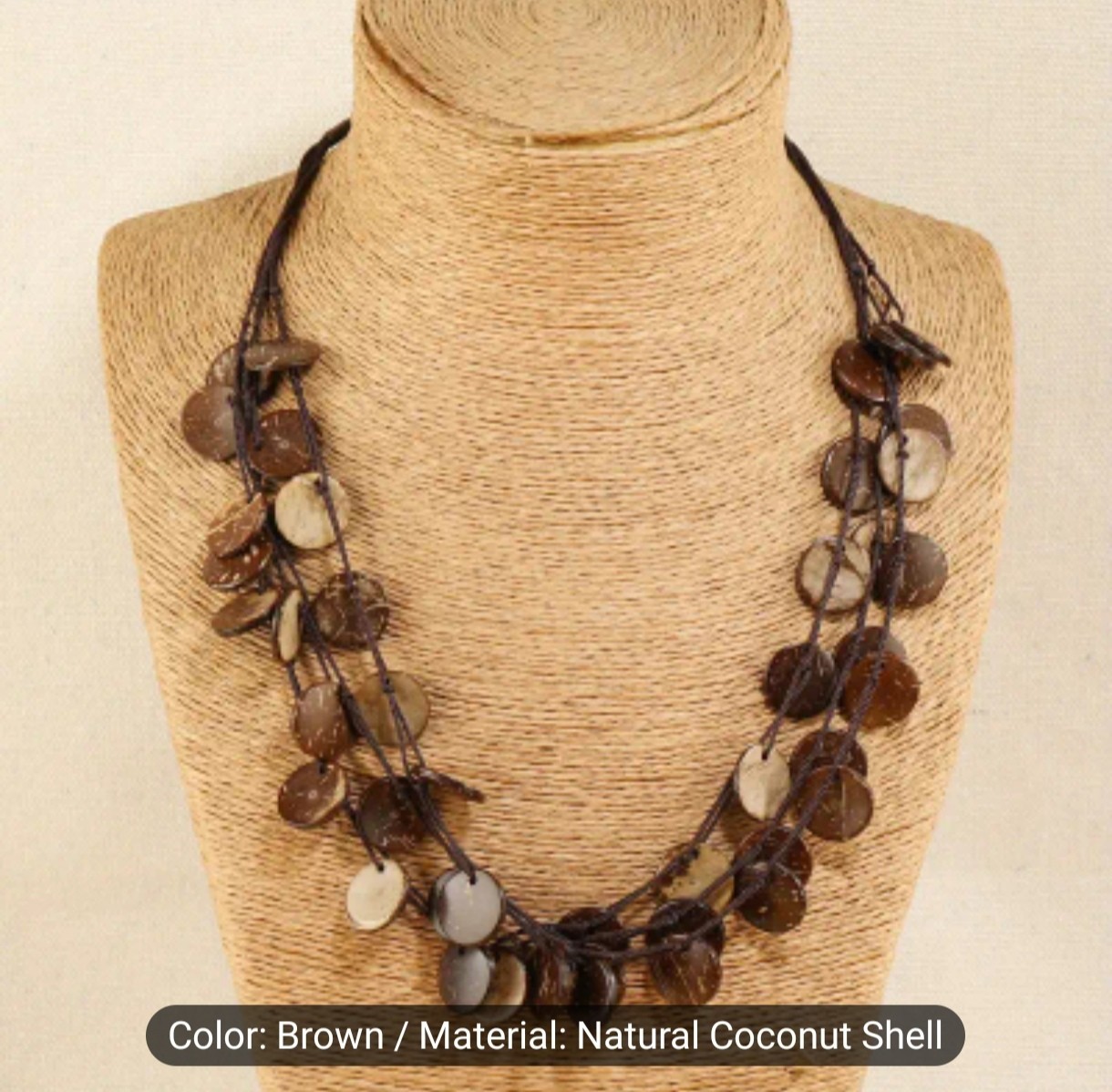 Natural Brown Coconut Shell Multi-Strand Disc Cord Necklace Adjustable 25.59in