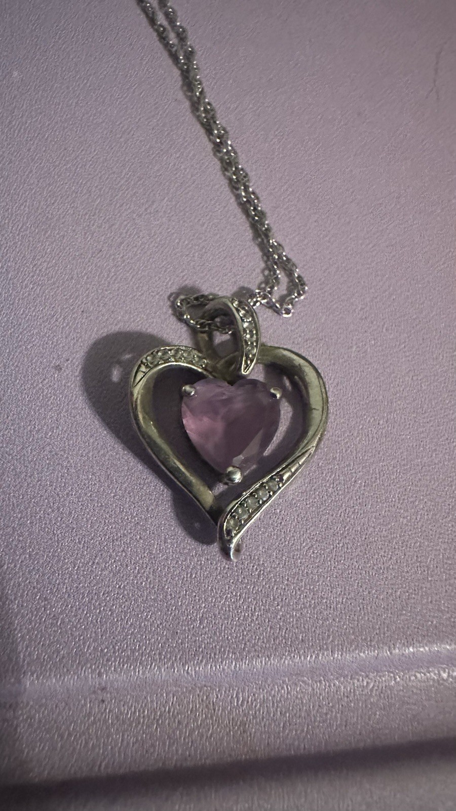 Zales Silver Tone Heart Charm Pendant Necklace Chain w/ Purple Stone