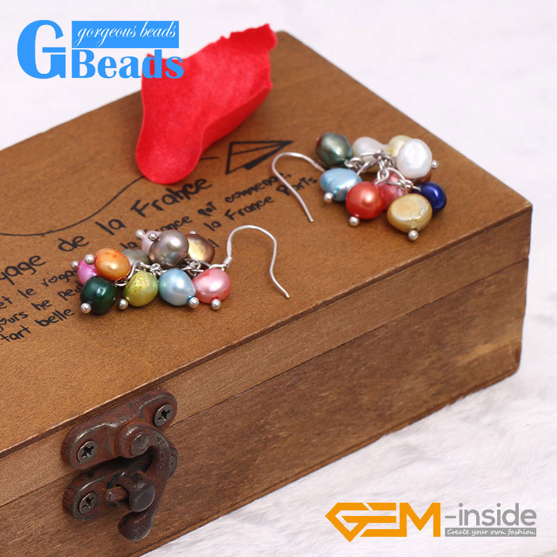 Assorted Colors Freshwater Pearls Dangle Earrings Free Shipping 5-6mm x 7-8mm
