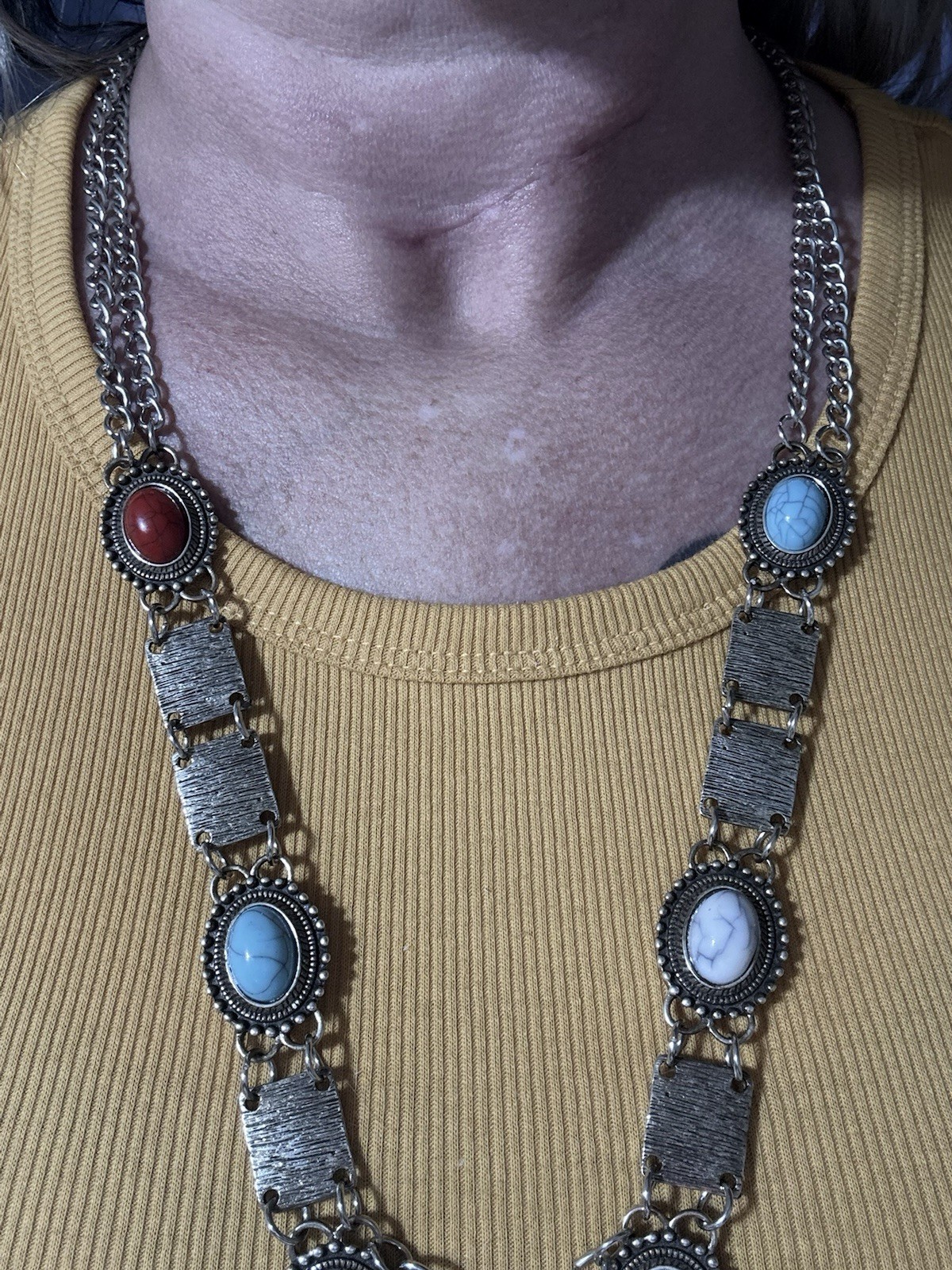 Silver-Tone Multicolor Oval Cabochon Bezel Fringe Statement Necklace Curb Link