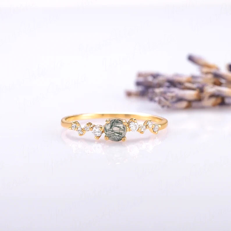 moss agate ring Women ring moissanite Ring Tiny Ring Gold Plated 925 Silver Ring