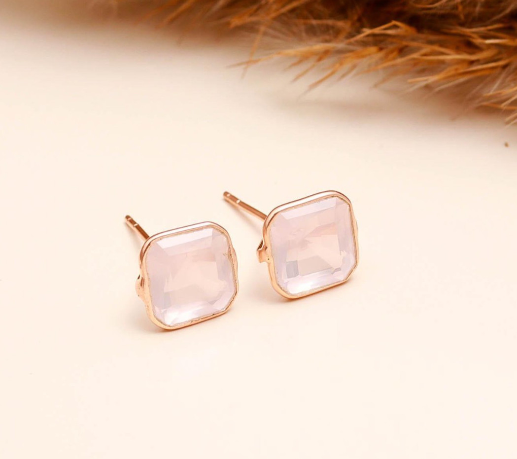 Natural Rose Quartz Octagon Stud Earrings Rose Gold Plated Solid Silver Jewelry