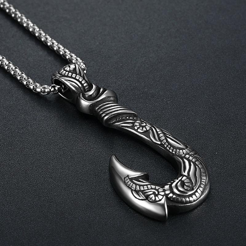 Vintage Black Silver Stainless Fish Hook Pendant BoxChain Unisex Amulet Necklace