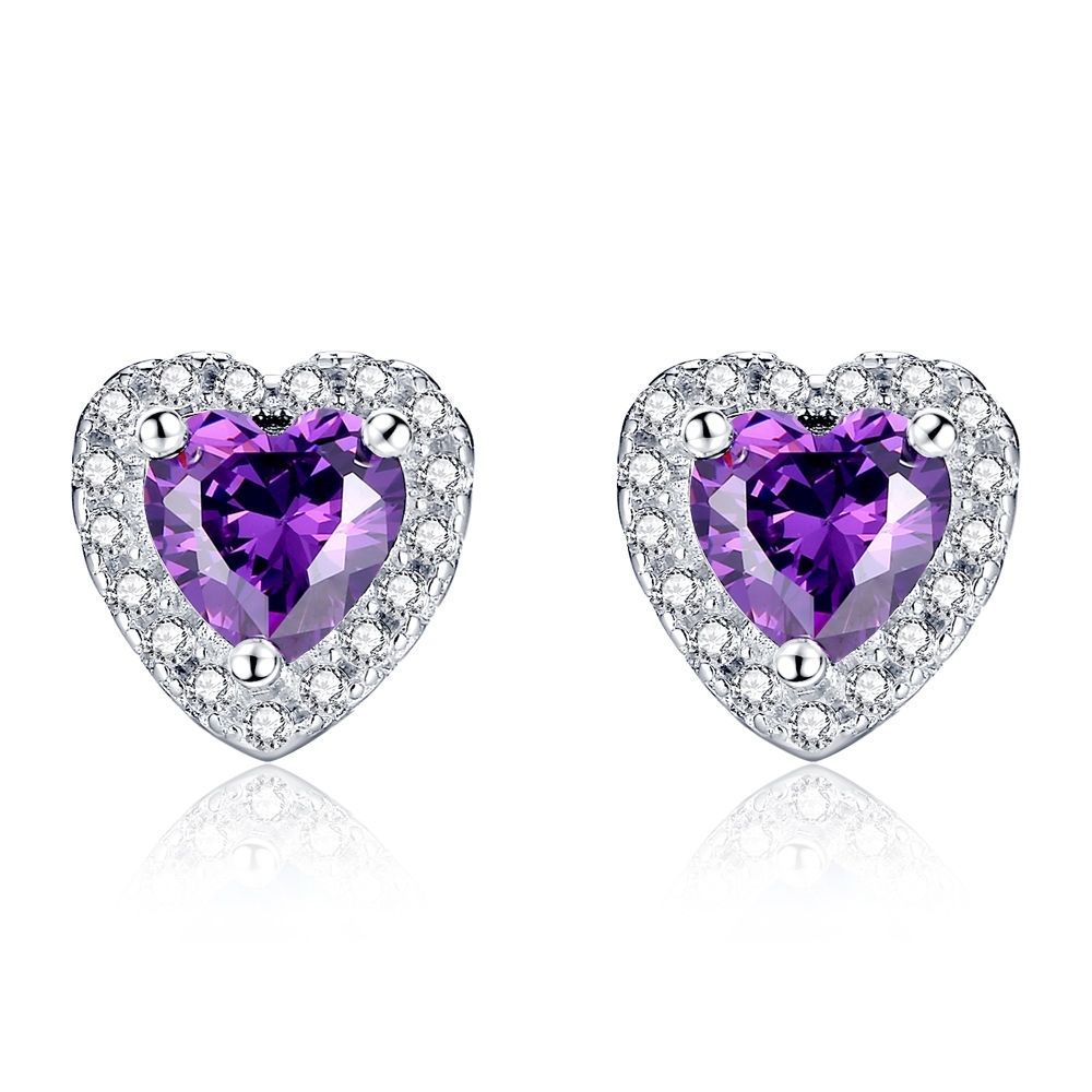 Sterling Silver 1.0 cttw Simulated Amethyst Heart Shaped Stud Earrings