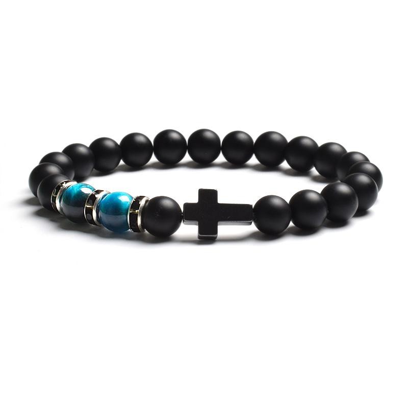 Tiger Eye & Black Agate Beaded Bracelet Men Women Elastic Cross Faith Jewelry