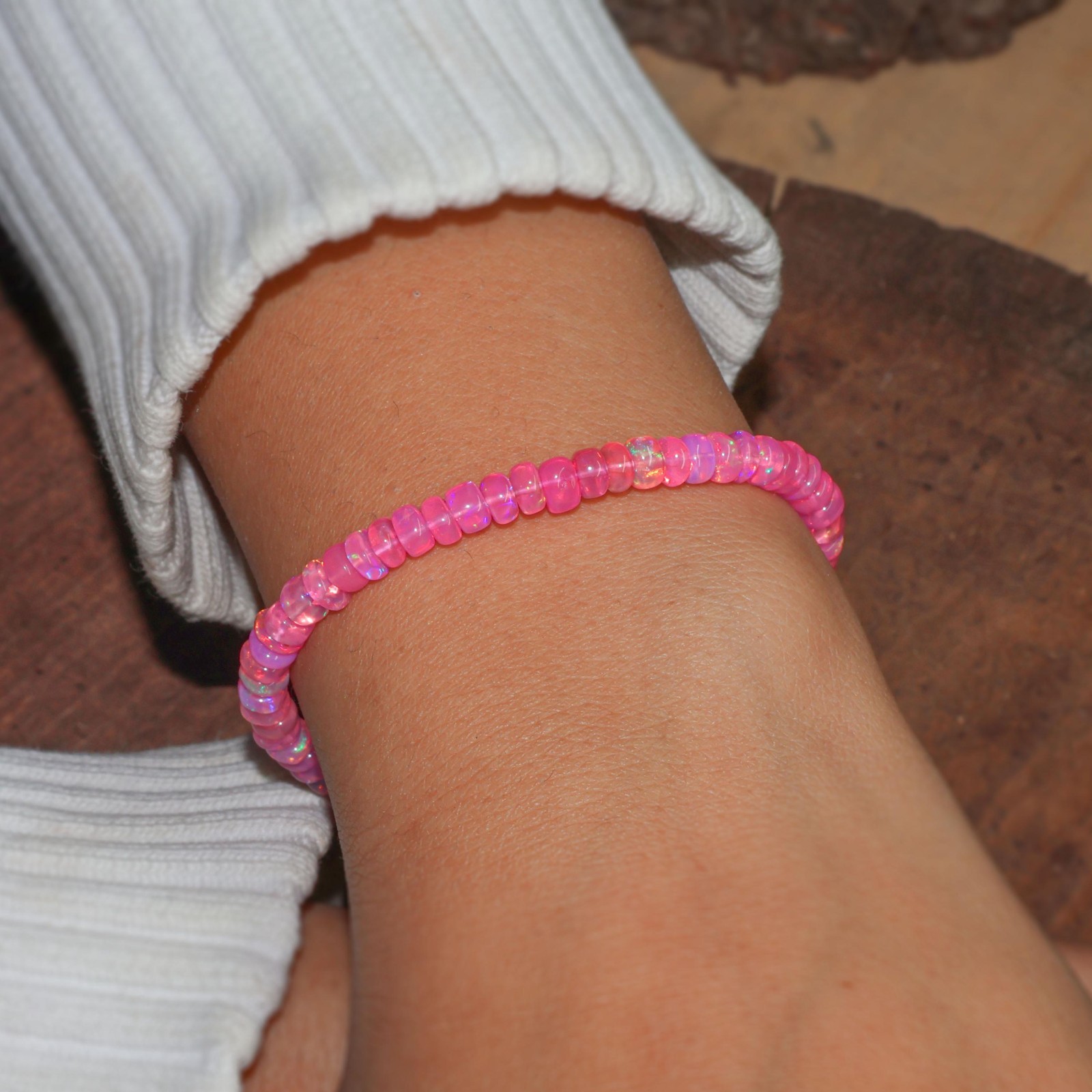 Fire Pink Opal Gemstone Beaded Bracelet, Natural Ethiopian Fire Opal Bracelet