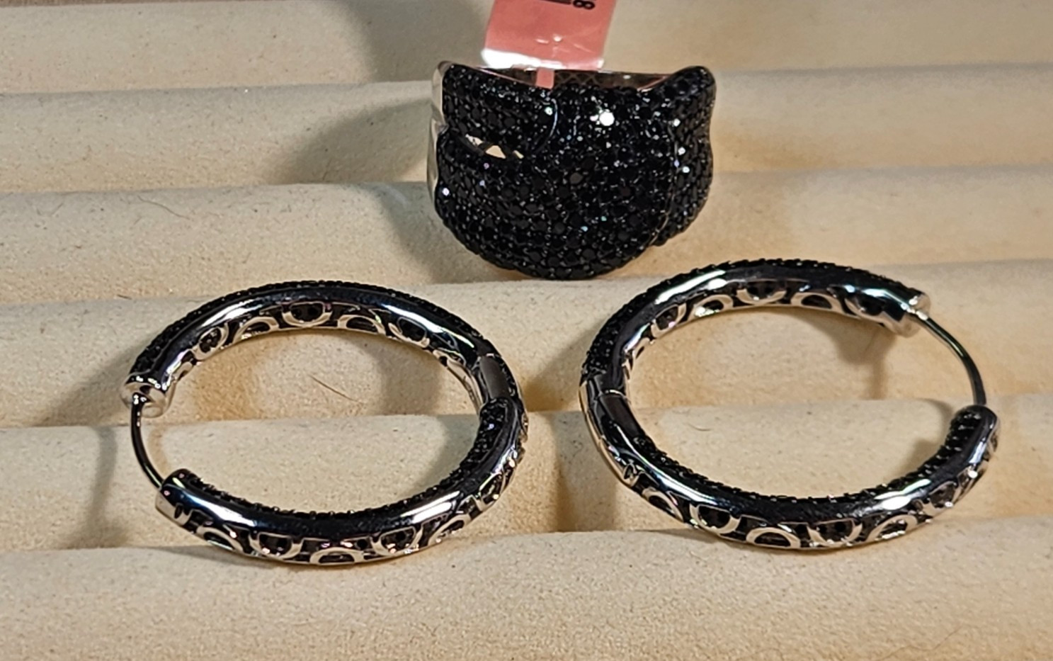 BLACK SPINEL RING AND EARRINGS SET STERLING SZ 9.75