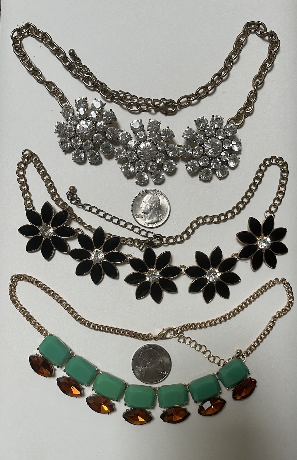 3 Bib Necklace Flower Rhinestone Enamel Black Green Statement Gold Tone 2010s