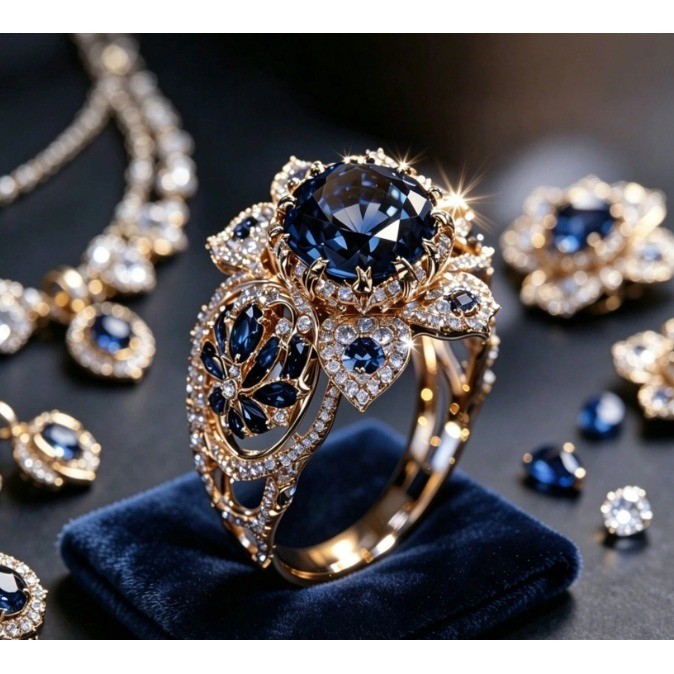 Blue Sapphire Floral Statement Ring Gold Tone Filigree Cocktail Ring Size 6