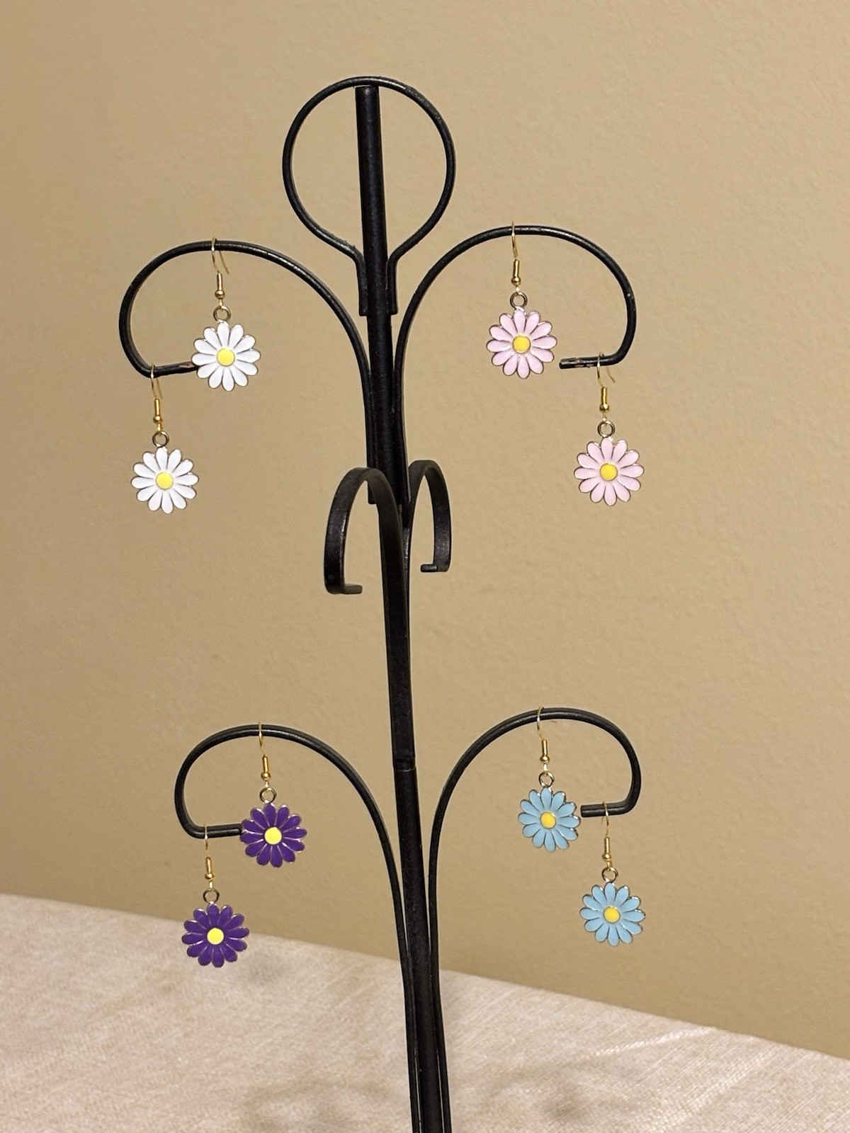 Enamel Daisy Flower Dangle Drop, 4 Sets Earrings Metal French Wire, Multicolor