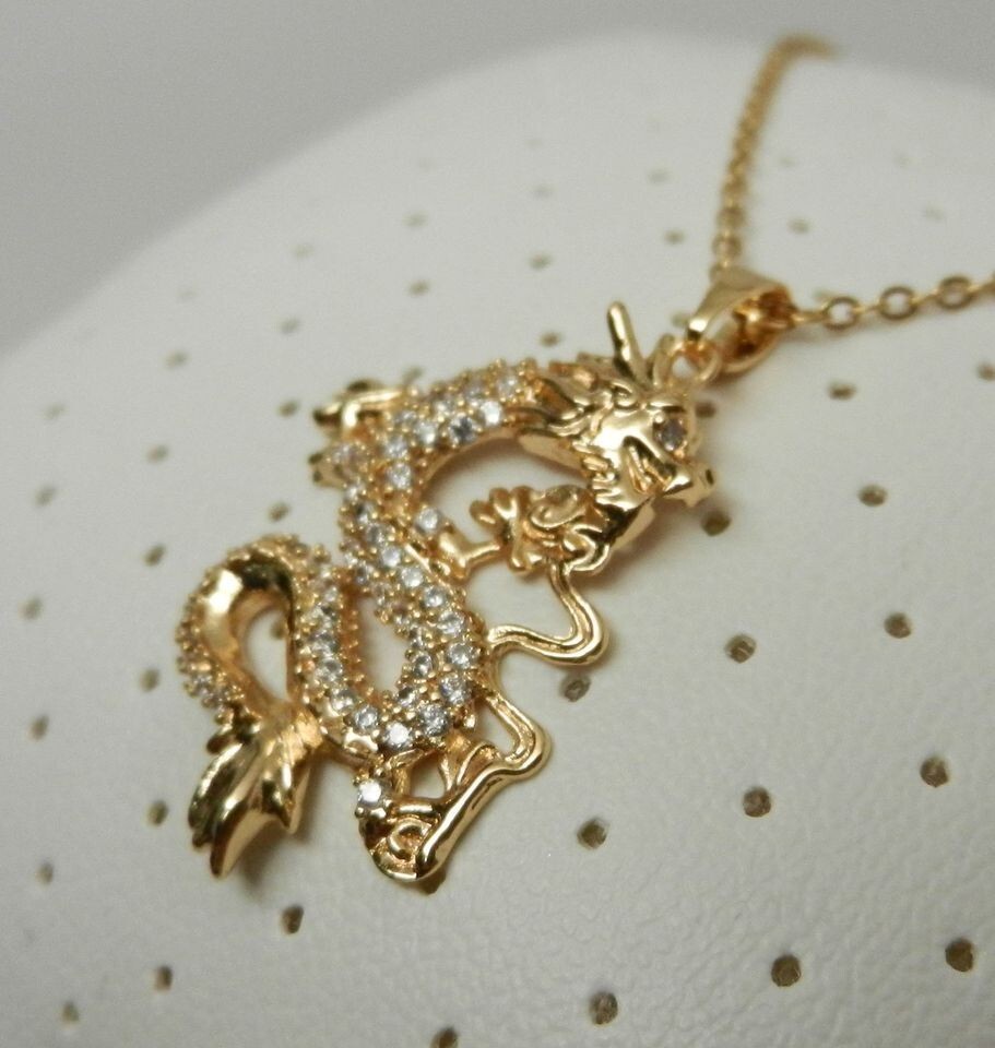 Chinese Lunar New Year Gold Tone With Faux Diamonds Dragon Pendant 18″ Necklace