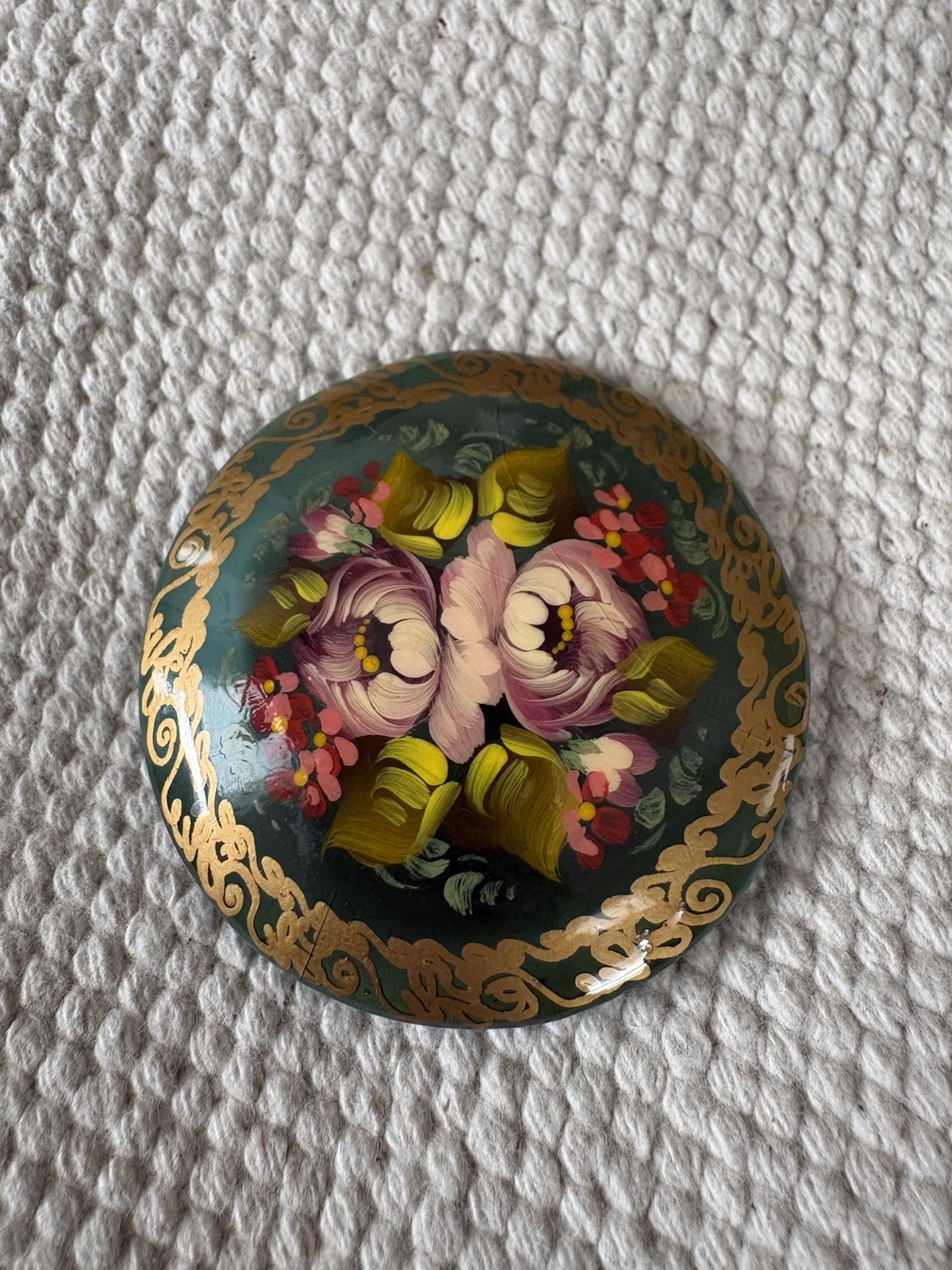 Vintage Russian Hand-Painted Lacquer Brooch Floral Design Signed VTG Pin
