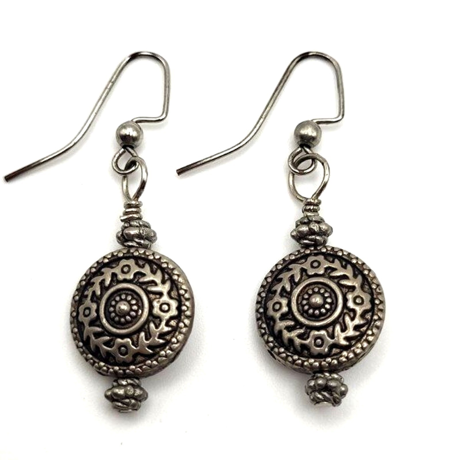 Silvertone Antiqued Button Medallion Style Dangle Drop Hook Earrings