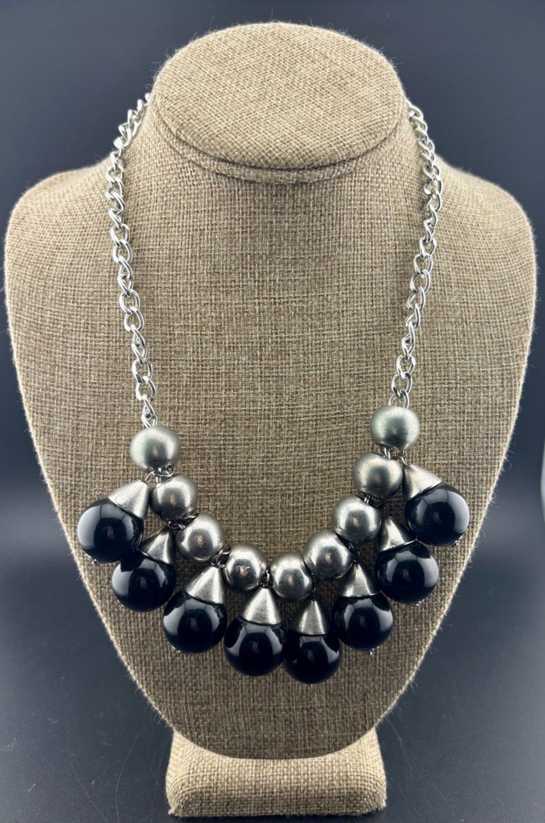 Metal and Black Plastic Chunky Bold Mod Bib Necklace 20″