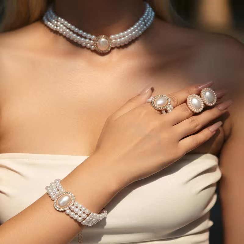 White Pearl Jewellery Set Necklace Bracelet Earrings Bridal Wedding Women Gift