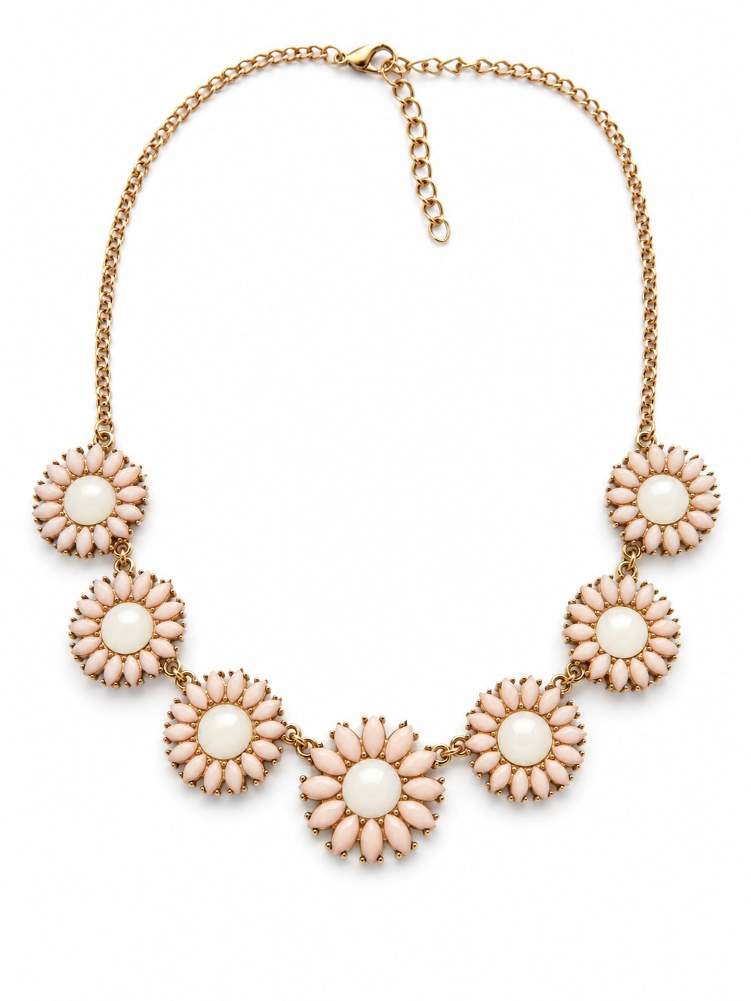 Gold Tone Curb Link Statement Necklace Pink/White Flower Station Pendant Adj