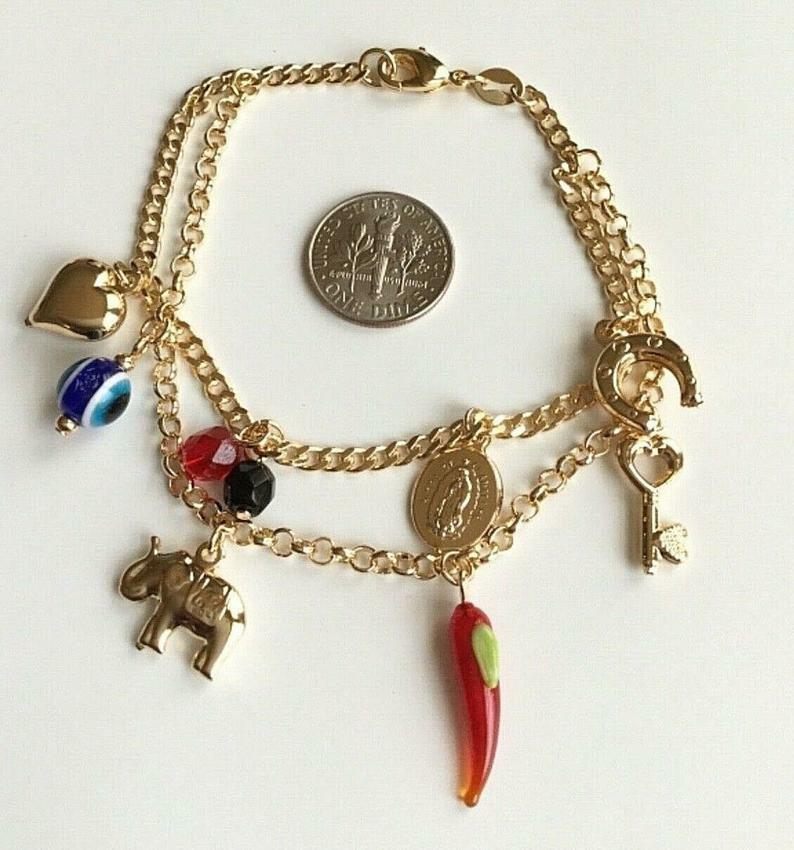 14K Gold Plated Luck,Money,Love Bracelet 7″ Long /Pulsera Suerte,Dinero -B126