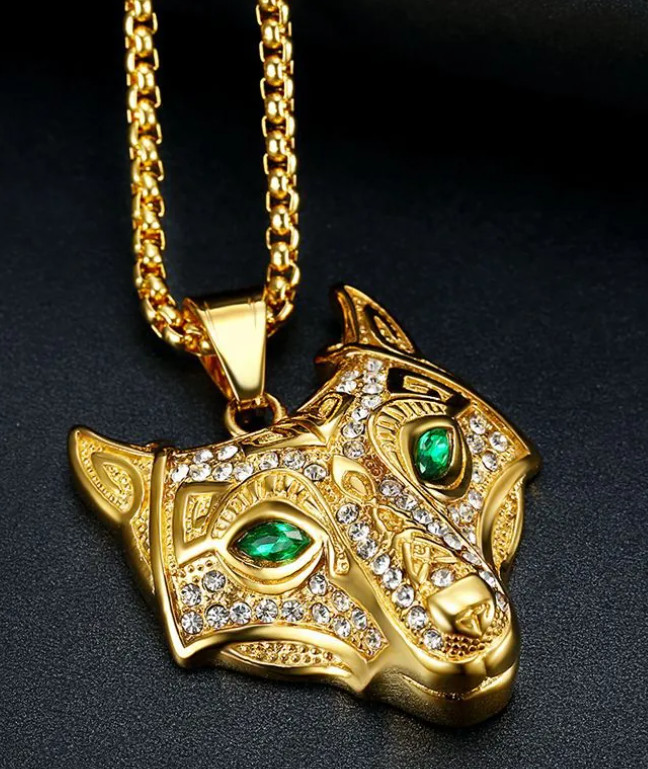Wolf Head Pendant Necklace Stainless Steel Gold Plated Rhinestone Green Zircon