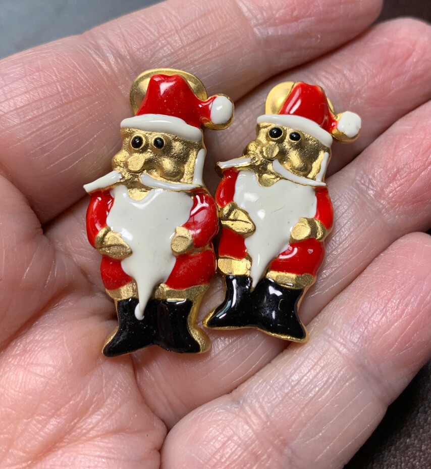 Red White Black & Gold Tone Enamel Santa Claus Enamel Clip On Earrings