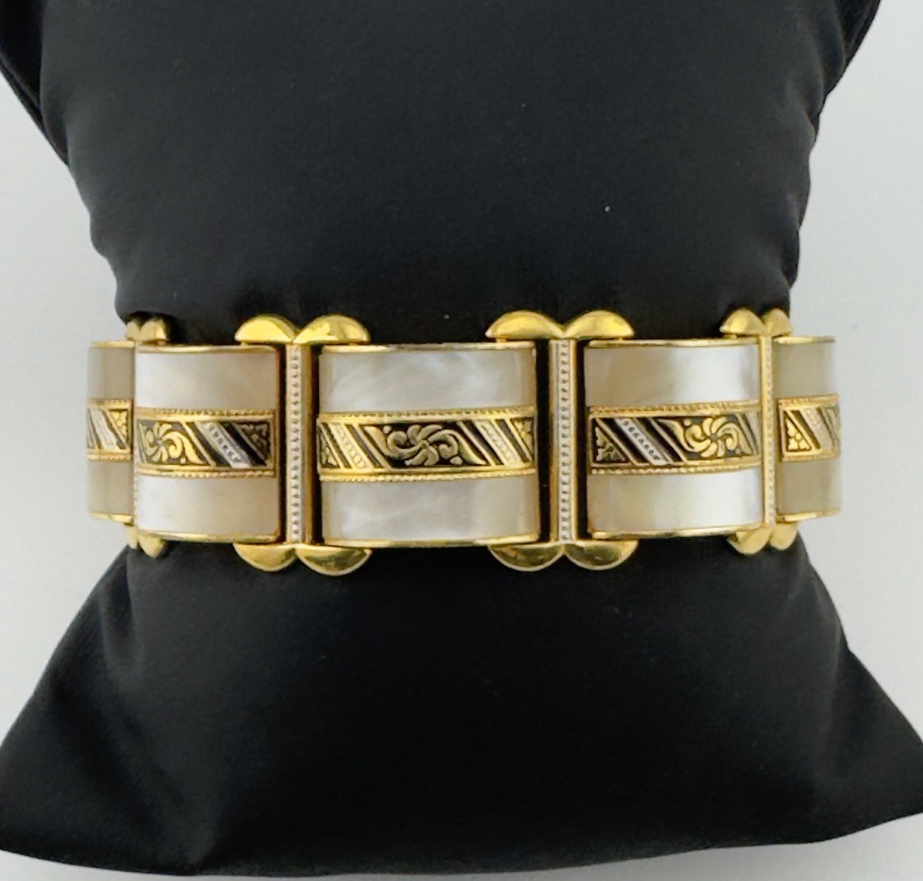 Vintage Damascene Toledo Panel Bracelet Gold Tone Mother Of Pearl Wide Link