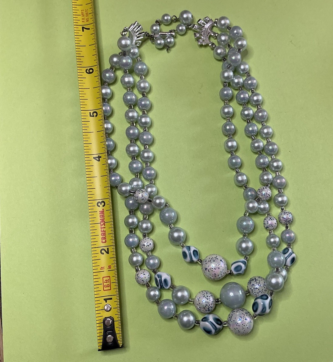 Gray Blue beads Multi Strand Beaded Necklace Glass Beads Silver Tone Hook