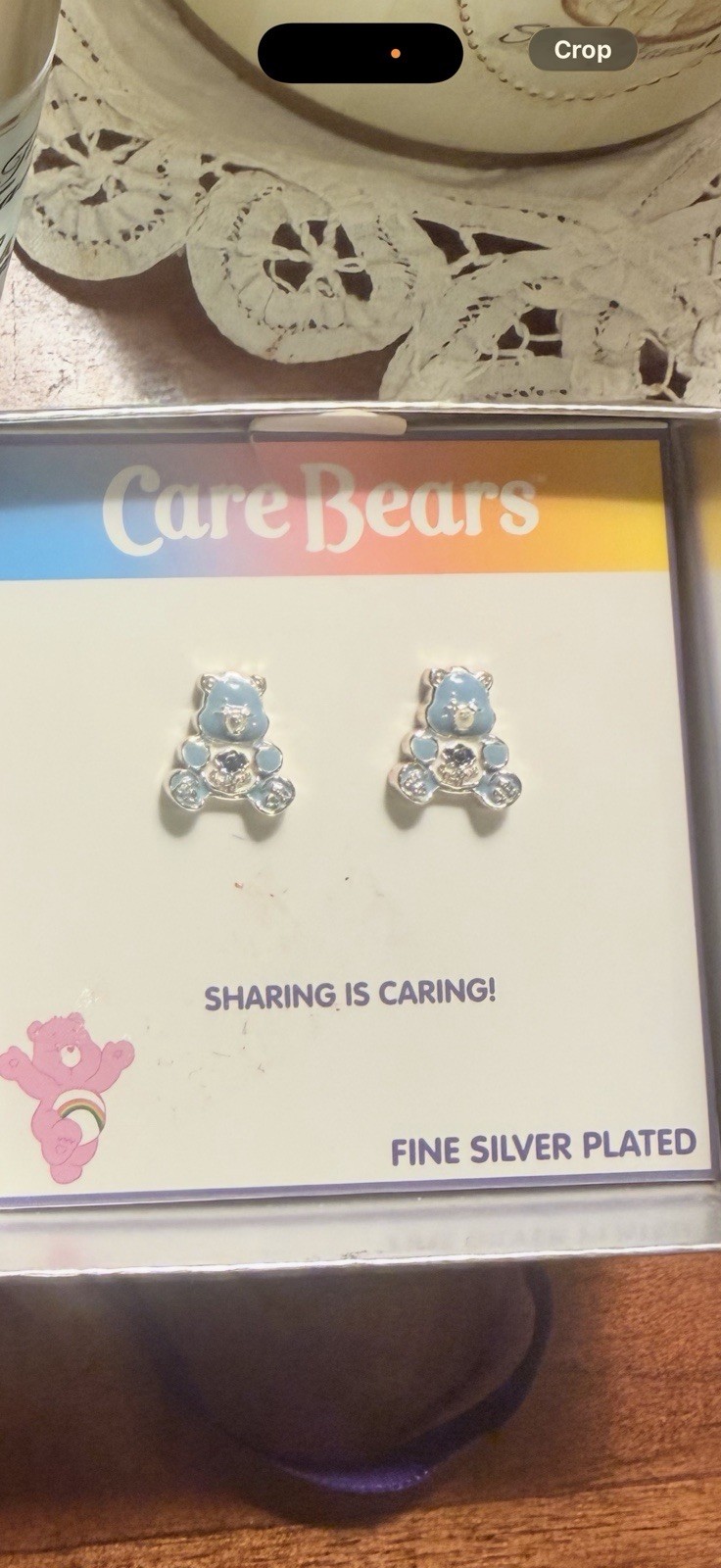 Care Bears Silver Plated Bear Stud Earrings Blue & Clear Crystal