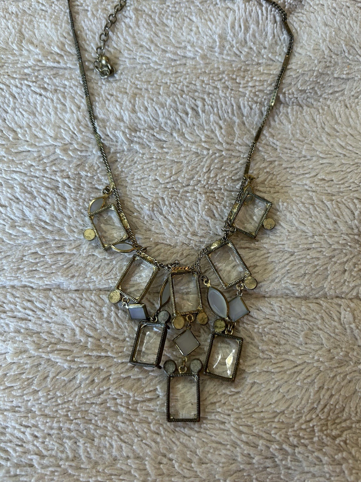 Gold Tone Statement Necklace Clear Rectangle Crystal Charms Adjustable 19-24in