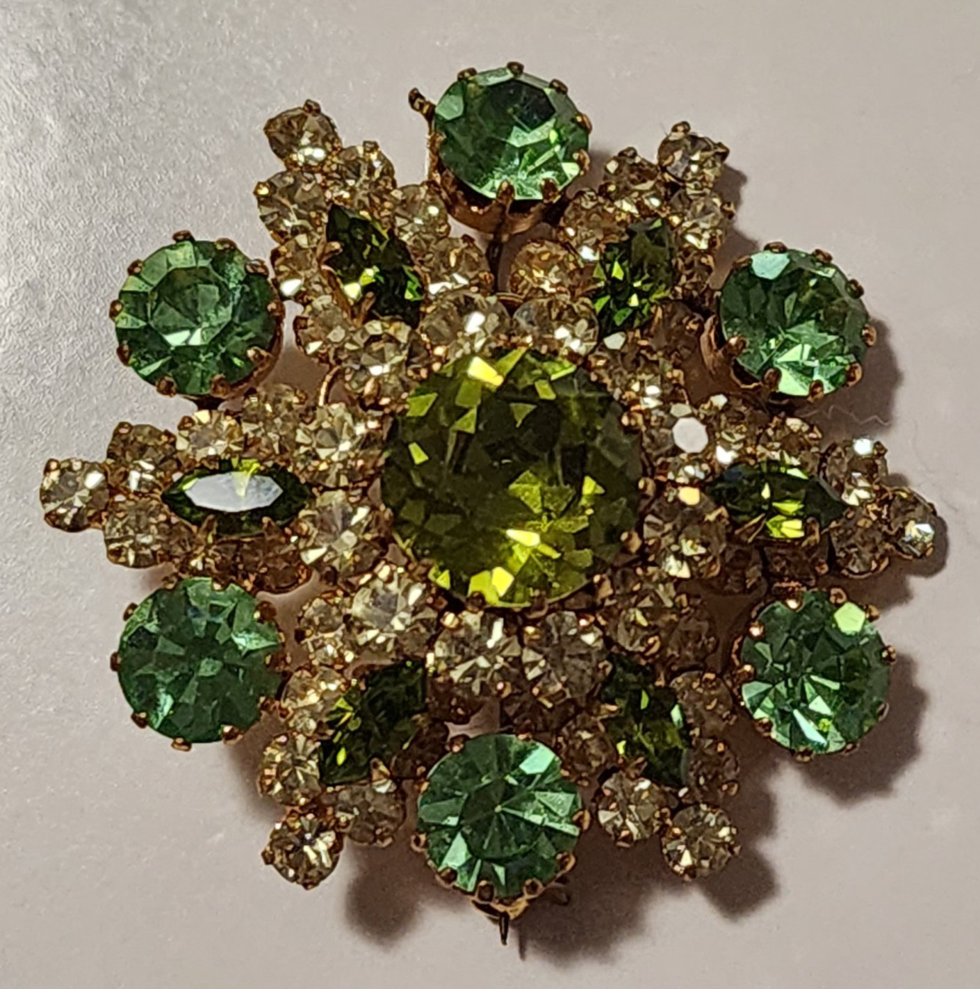 Austria Dome Brooch Green & Clear Crystal Rhinestones Small Bend in Pin