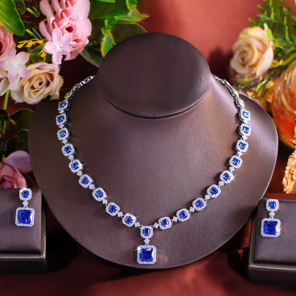 Blue Square Drop Earrings Necklace Silver Plated Cubic Zircon Bridal Jewelry Set