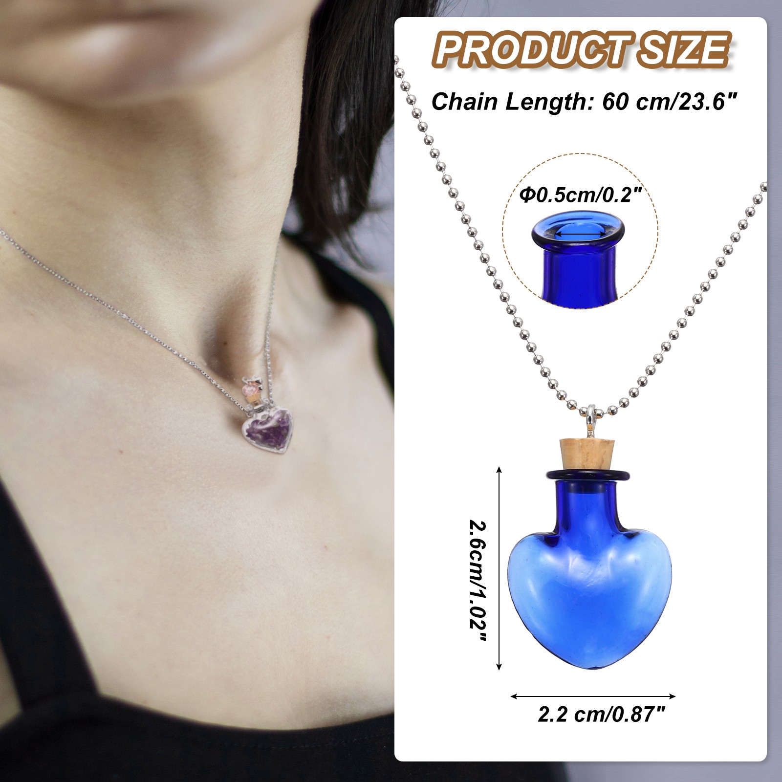 26mm Vial Necklace with Cork Stoppers Black Velvet Bag, Heart Shaped, Blue