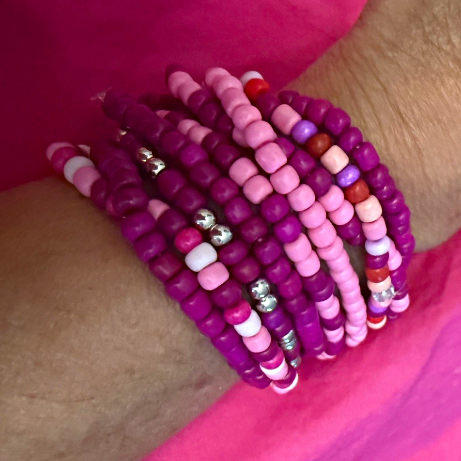 Pink Purple Beaded Stackable Stretch Wrap Bracelets Round Slip-On No Stone