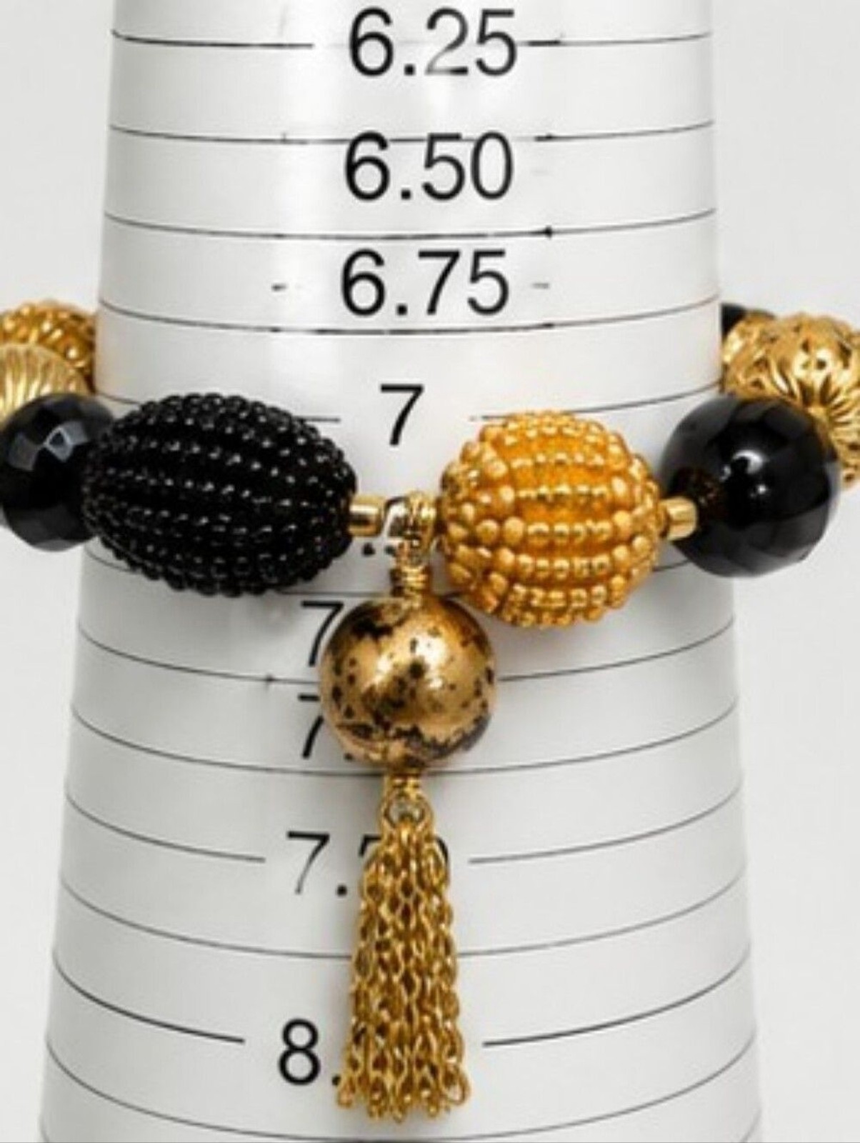 Boutique Black Gold Tone Beaded Bracelet 7″ Glass Acrylic Tassel Statement Boho