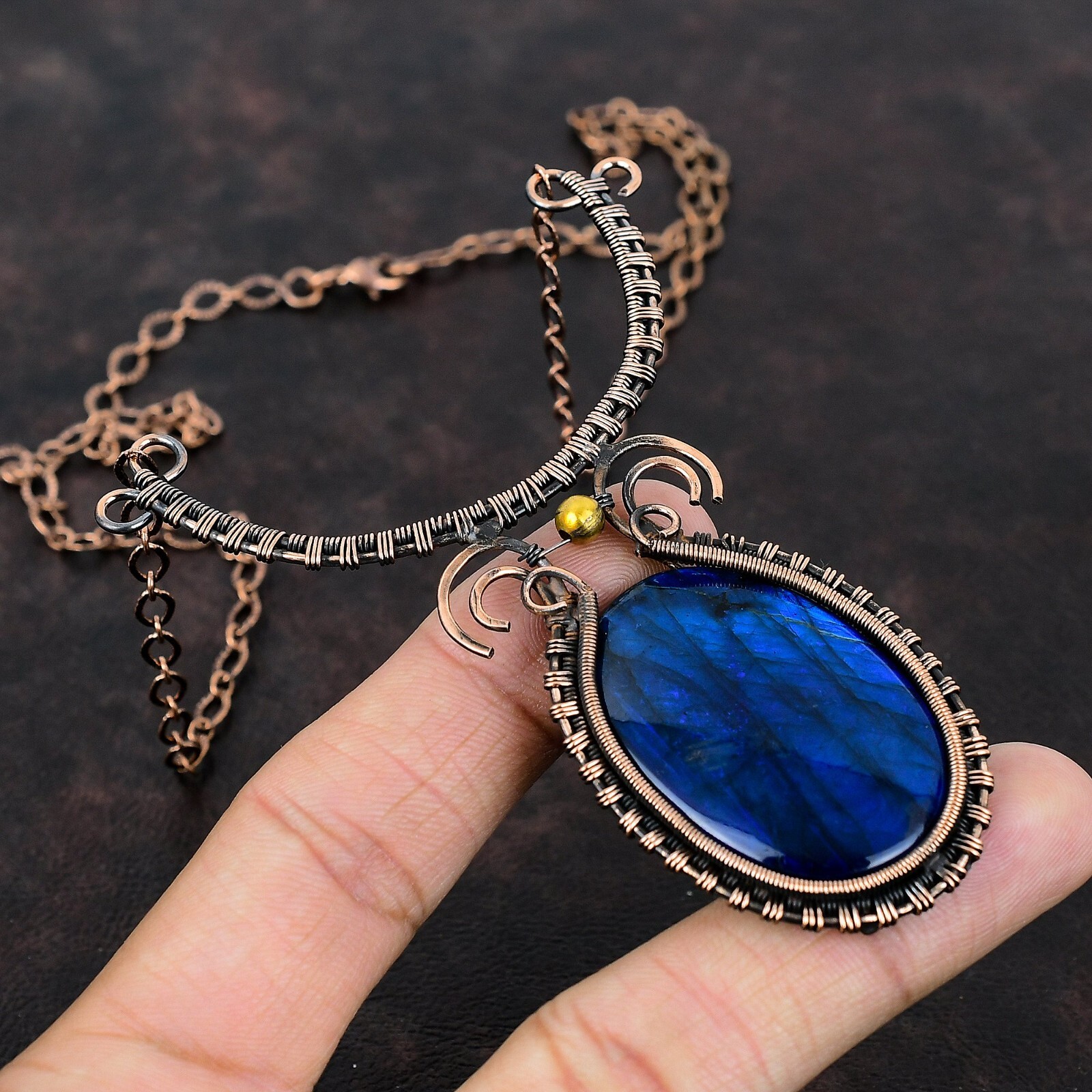 Blue Fire Labradorite Copper Gift For Bestie Wire Wrapped Adjustable 18.0″