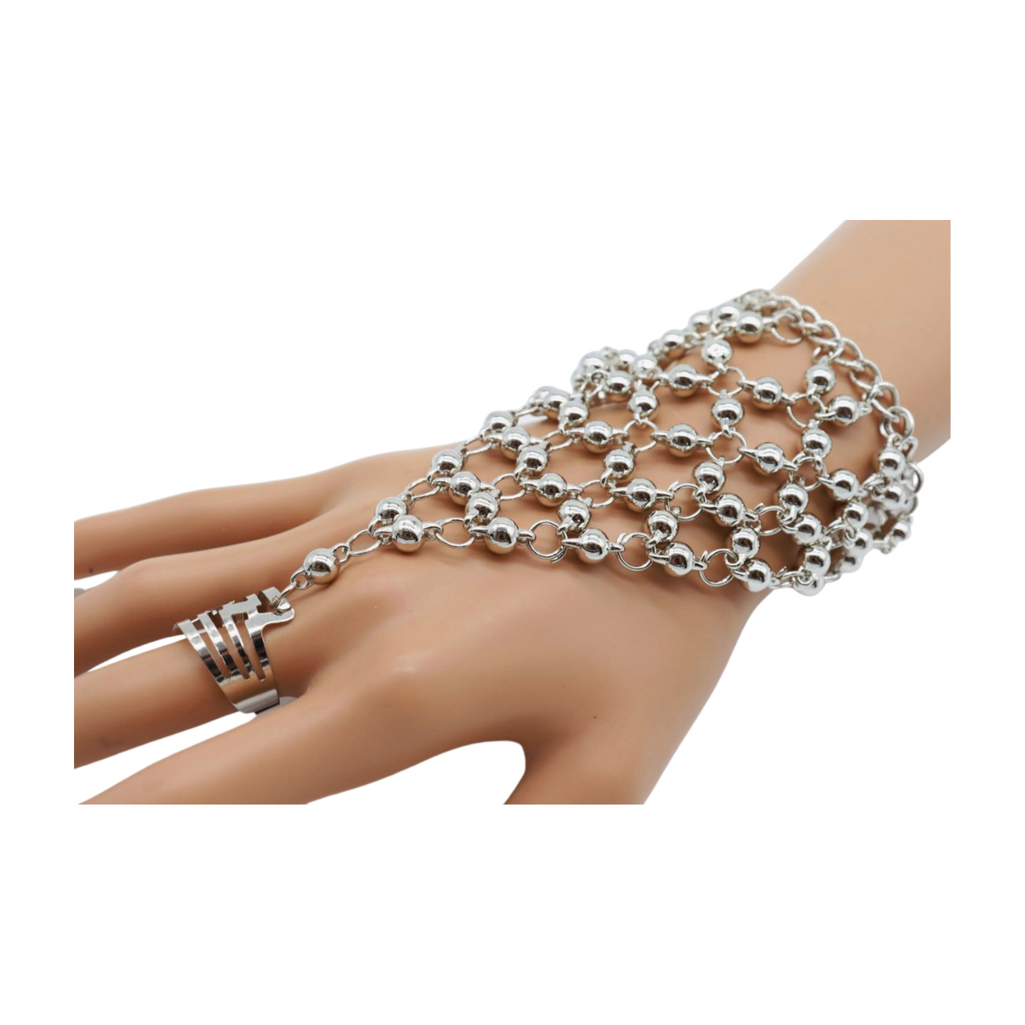 New Women Silver Metal Hand Chain Bracelet Ball Ring Connected One Size Fits All