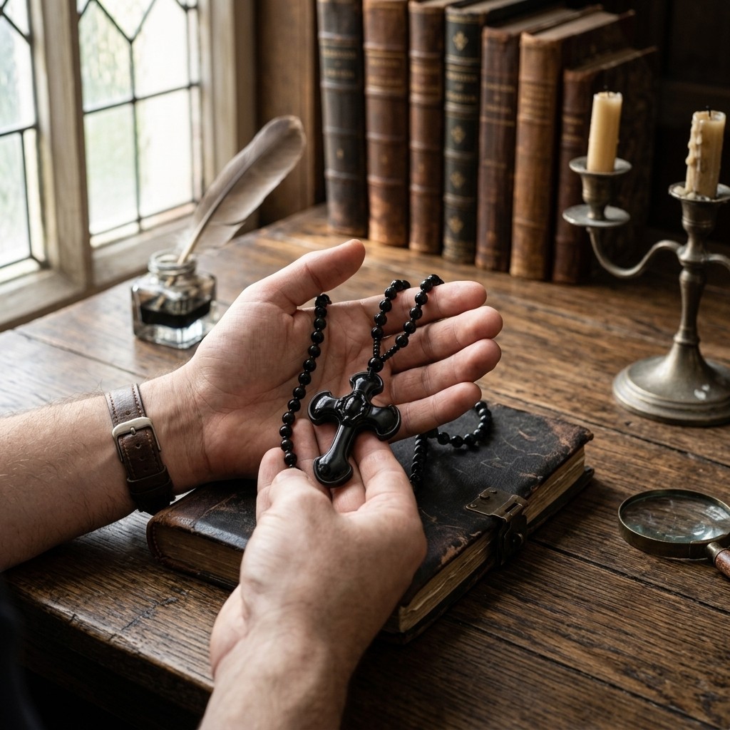 Religious Cross Pendant Necklace Obsidian Style Glass Spiritual Jewelry