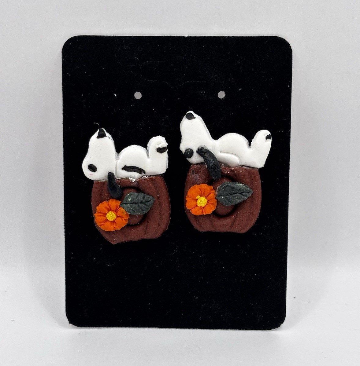 Snoopy Pumpkin Halloween Stud Earrings Polymer Clay Peanuts Inspired Fall