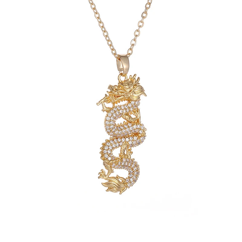Cubic Zirconia Dragon Pendant Necklace for Men Women Amulet Jewelry