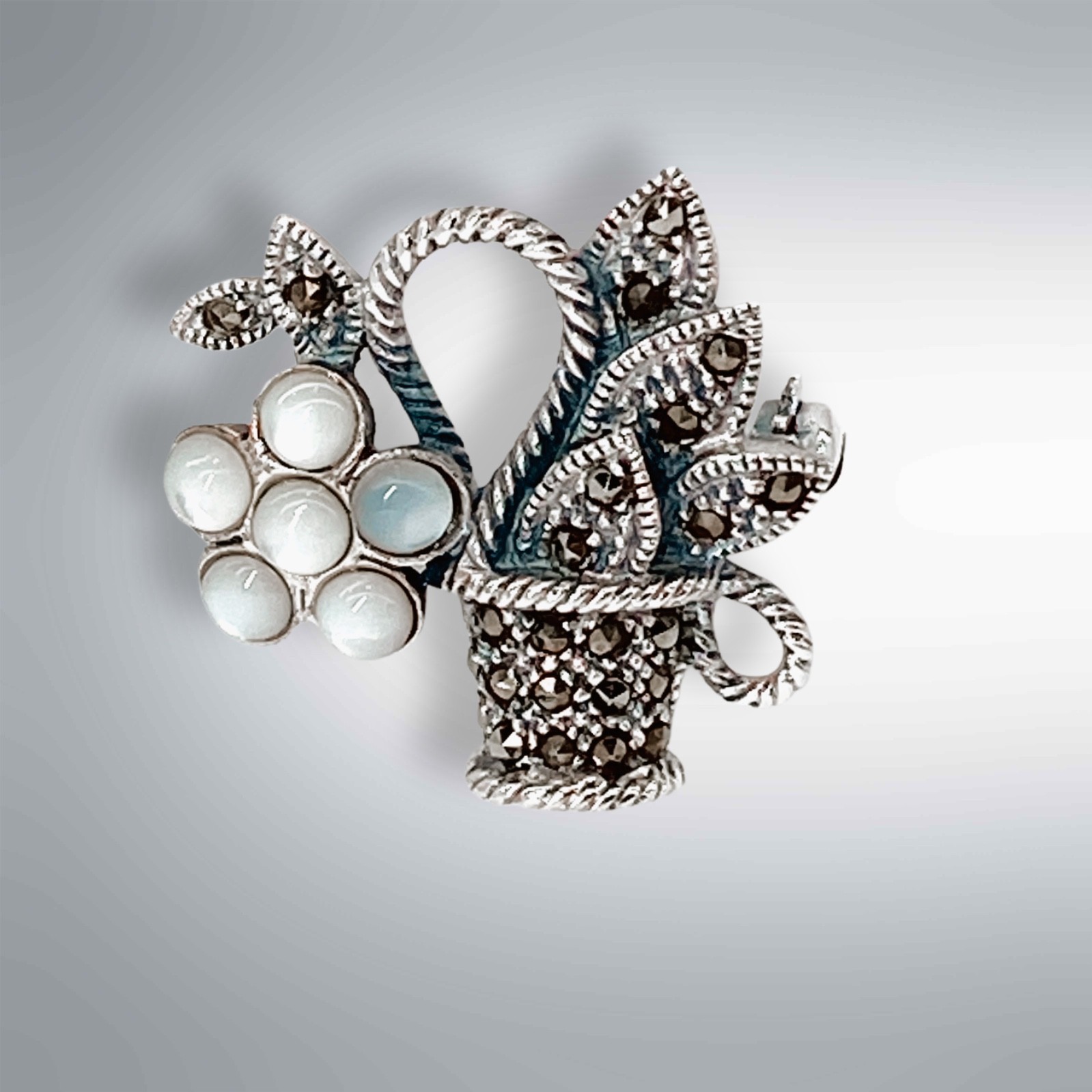 Moonstone Sterling Silver Brooch Real Gemstones Marcasite 2.5 x 2.5cm New
