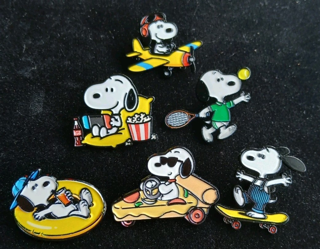 Snoopy Sports Pin SET Lot 6 Charles Schultz ENAMEL PIN Tennis Skateboard Pizza