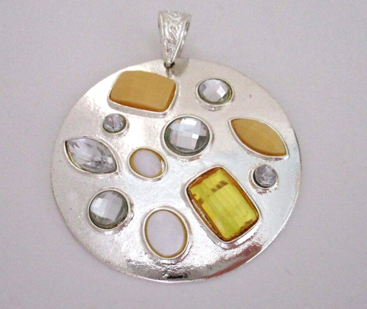 Metal Pendant Silver Tone with Rhinestones & Acrylic Stones Round 2.5″