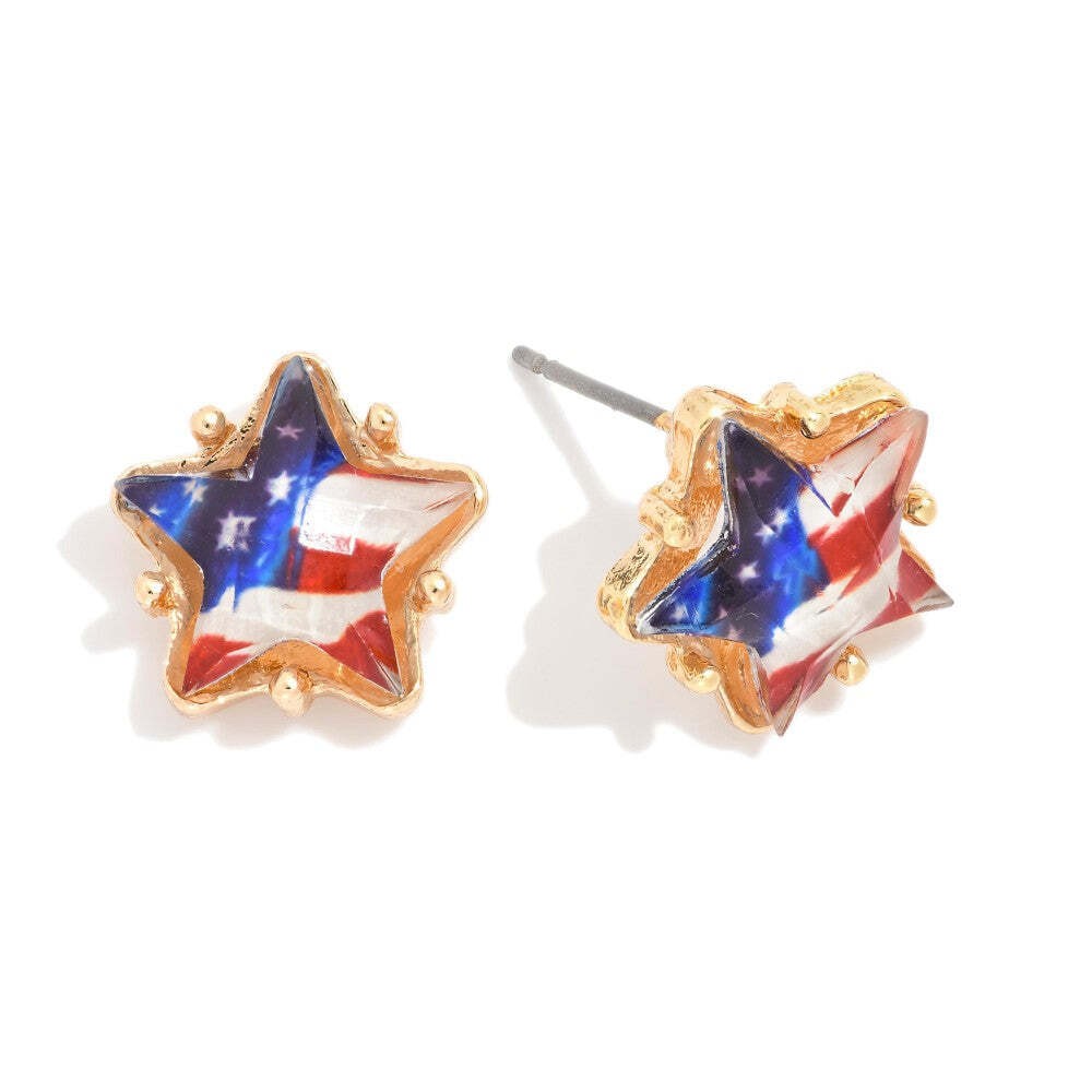 American Flag Star Stud Earrings Patriotic Red White Blue Gold Tone