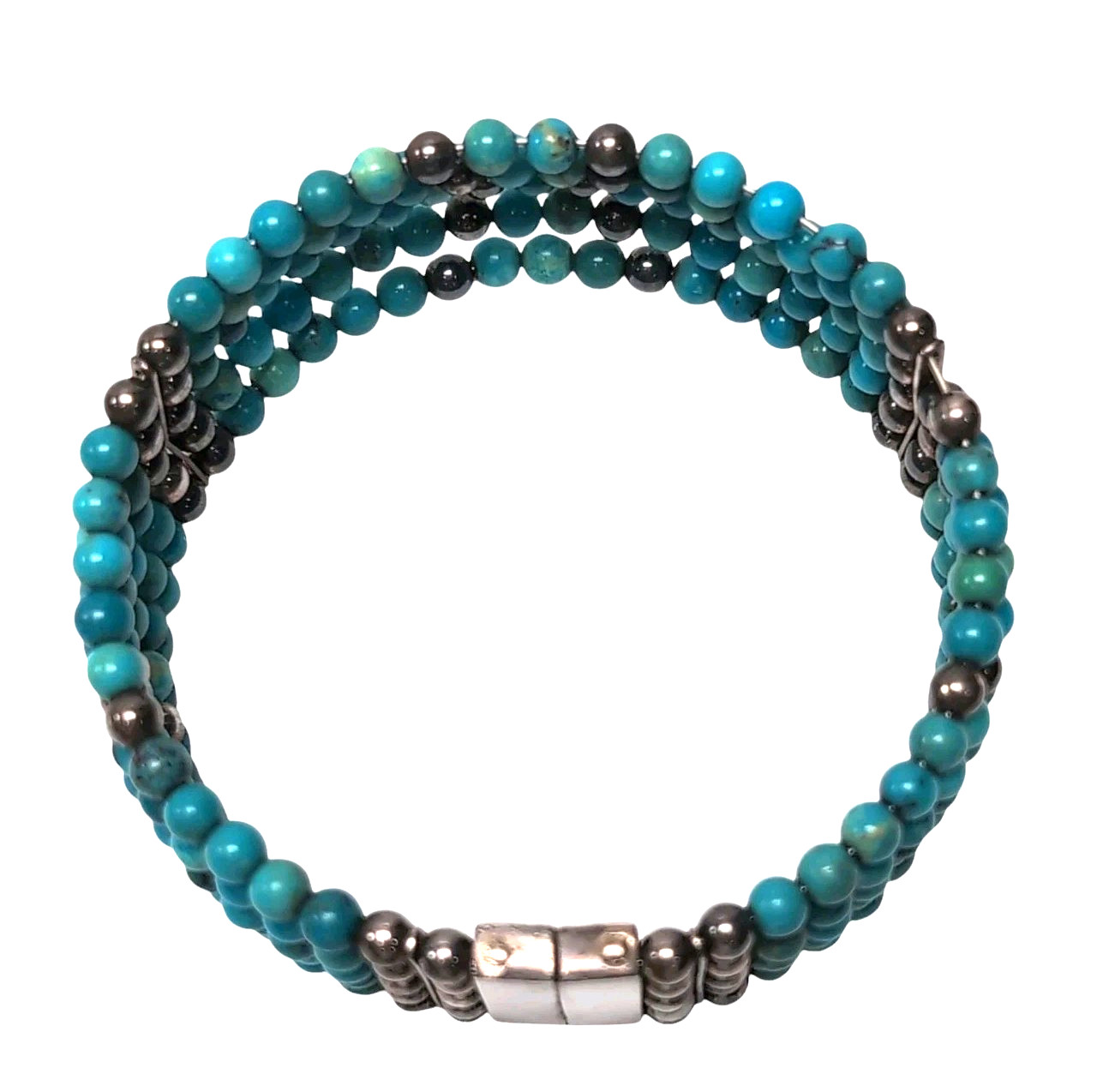 Sterling Silver .925 Turquoise Beaded Multi-Strand Magnetic Cuff Bracelet 30g