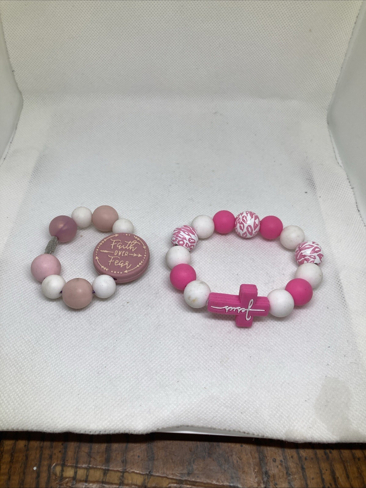 Lot Of 2 Large Beaded White Pink Baby & Adult Christian Bracelets
