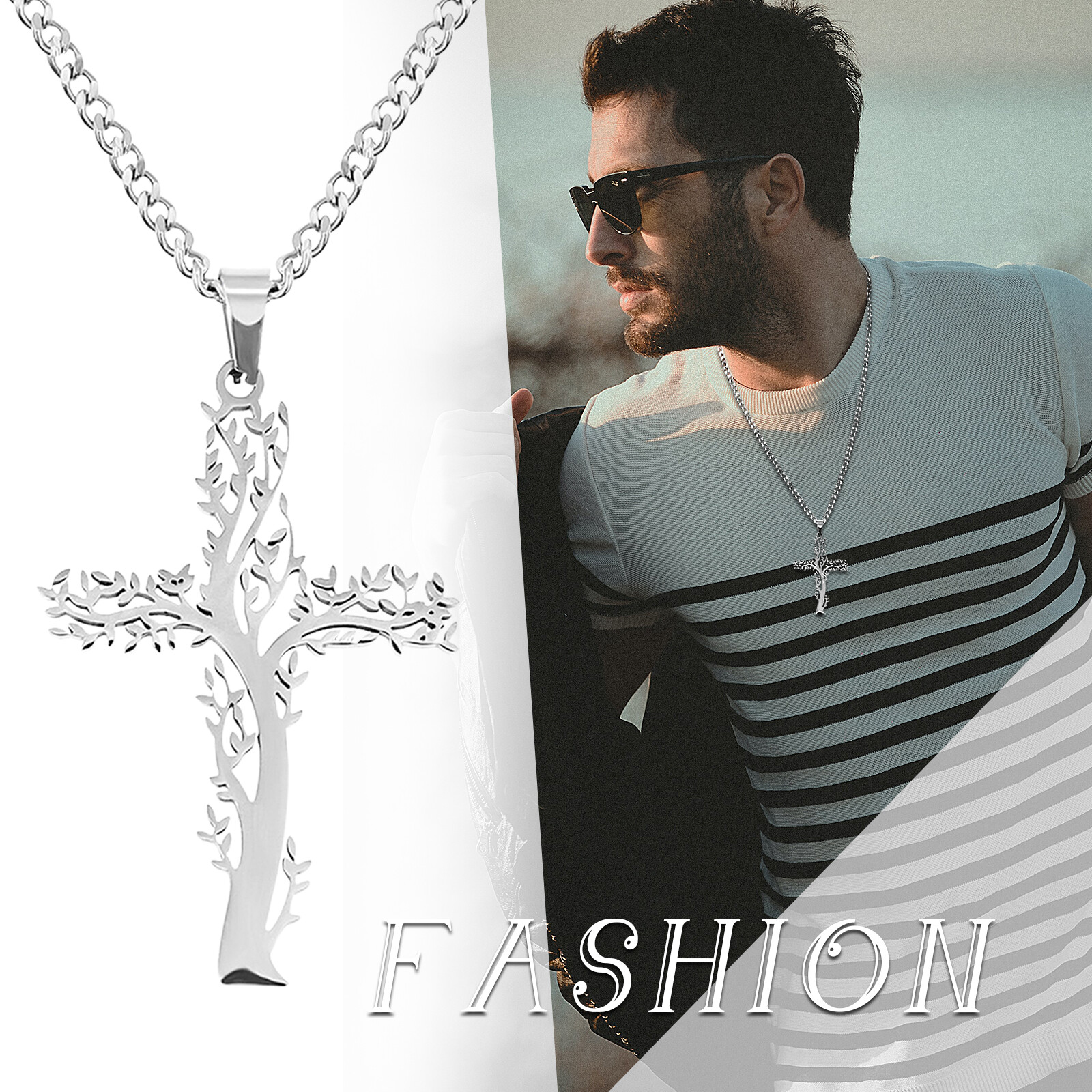 Religious Cross Tree of Life Stainless Steel Talisman Pendant Necklace Men Women