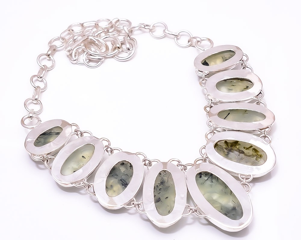 Moss Prehnite 925 Sterling Silver Bali Necklace 16-17.99″ N18, Christmas Gift
