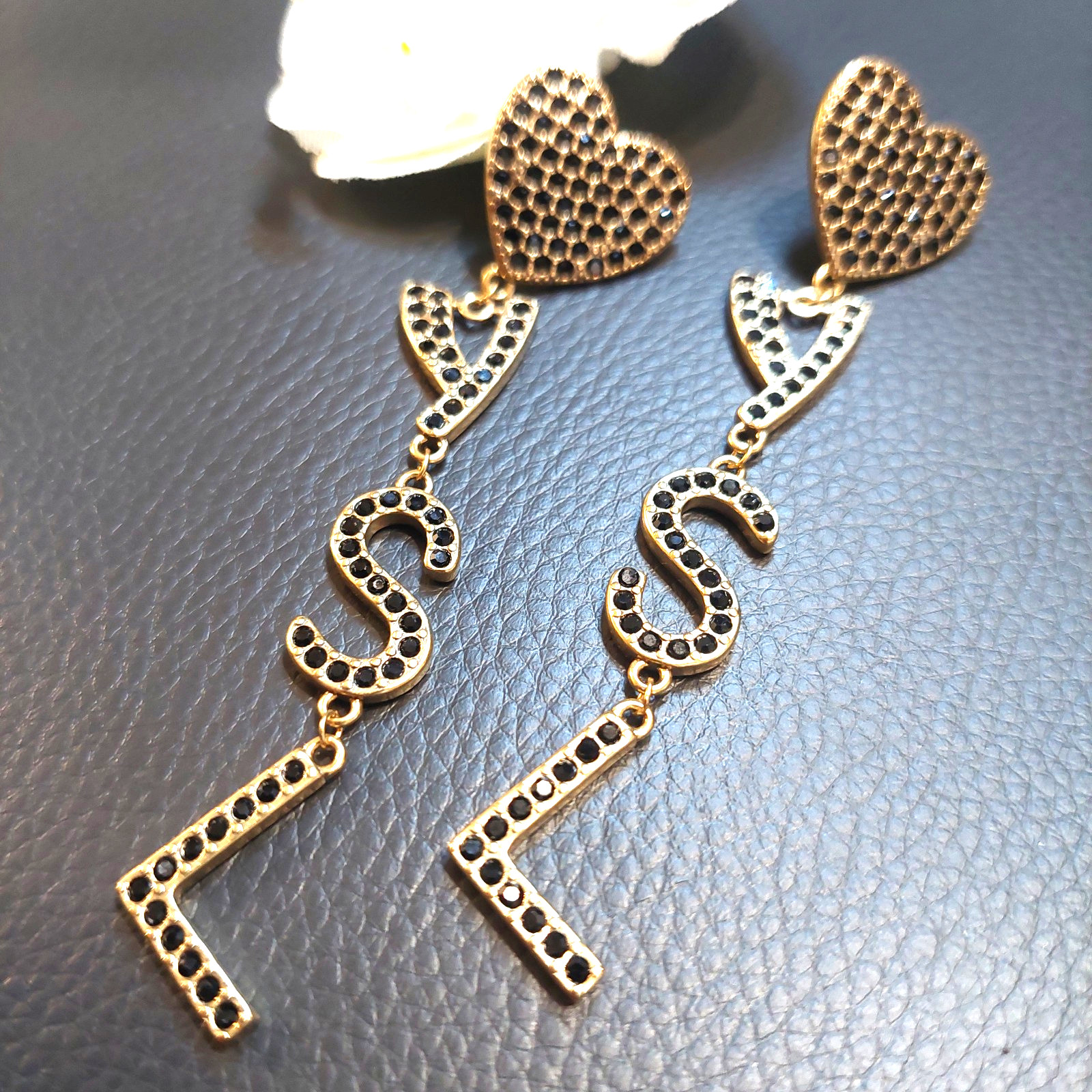 Auth. YVES SAINT LAURENT YSL Black CRYSTAL LOGO Large Drop Statement EARRINGS