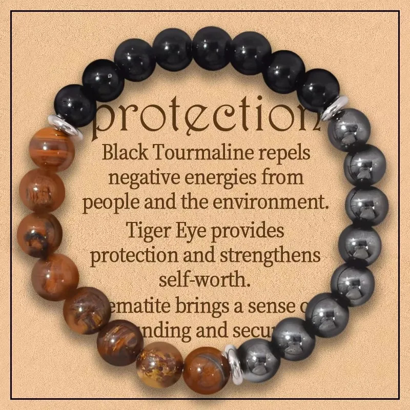 Natural Triple Protection Stretch Bracelet 8mm Tiger Eye Black Obsidian Hematite